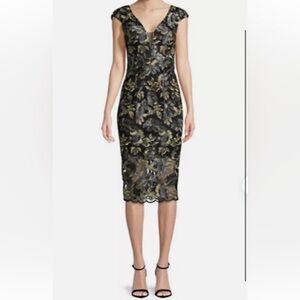 Xscape 3D Floral Embroidered V Neck Sleeveless Midi Black & Gold Dress Size 6